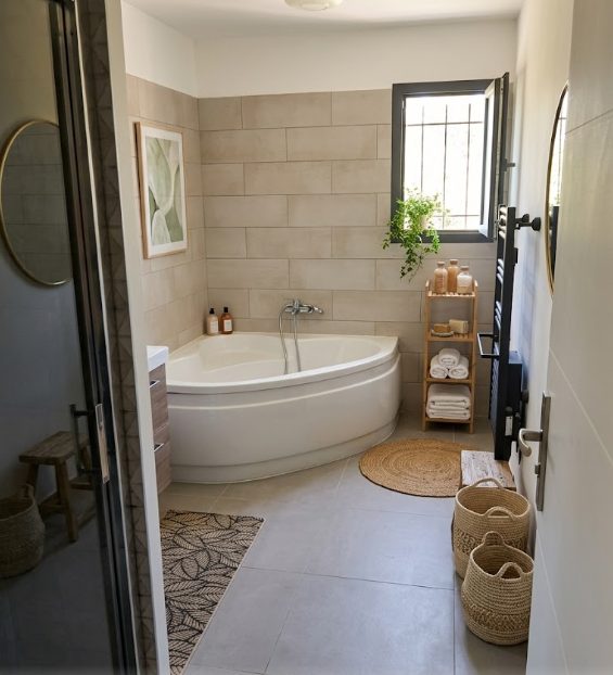 Salle de bain avec baignoire d'angle